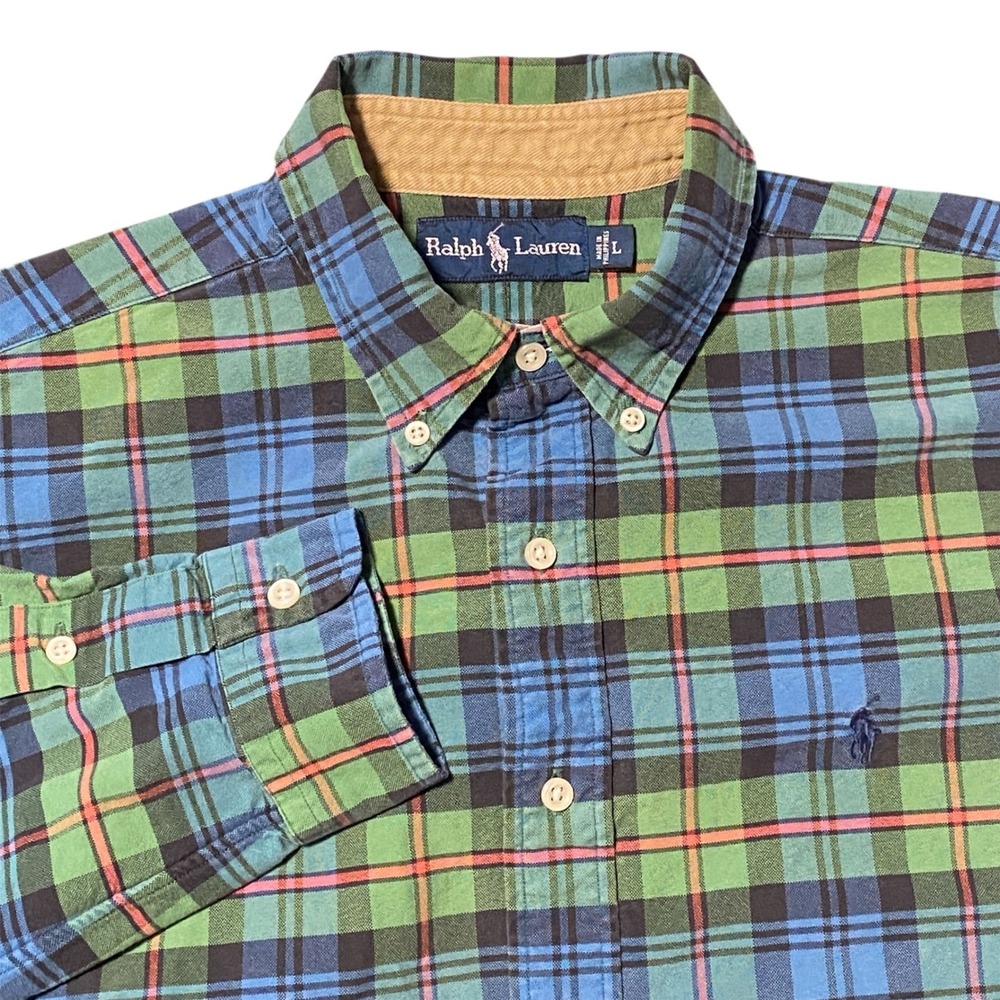 Ralph Lauren Mens L Plaid Button Down Shirt Green Blue Cotton Long Sleeve